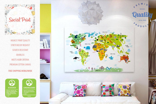 Animal Map of the World White, Canvas Print, Nursery Art - SocialPrint