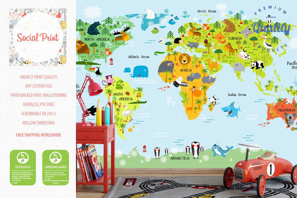 Nursery Animal World Map Wallpaper Blue, Kids Room Wallpaper - SocialPrint