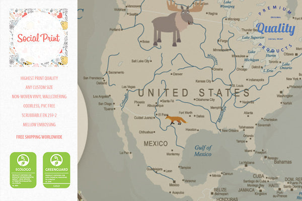 Nursery Animal World Map Wallpaper Blue, Kids Room Wallpaper - SocialPrint