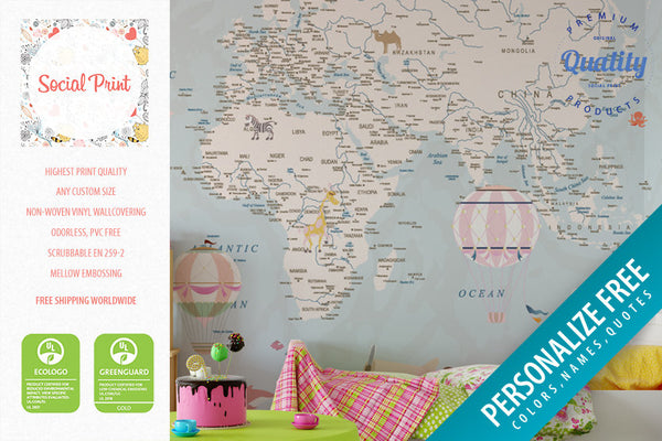 Nursery Hot Air Balloon World Map Wallpaper for Boys or Girls Room -  SocialPrint