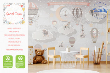 Kids Room Wallpaper with Hot Air Balloons & Circus Characters, Animals, Clouds, Wind