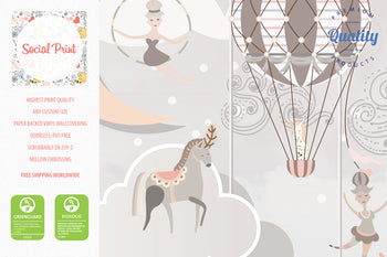 Kids Room Wallpaper with Hot Air Balloons & Circus Characters, Animals, Clouds, Wind