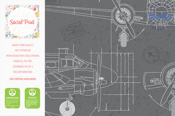 Airplane Blueprint Chalk Drawing Wallpaper, Kids Room Wallpaper