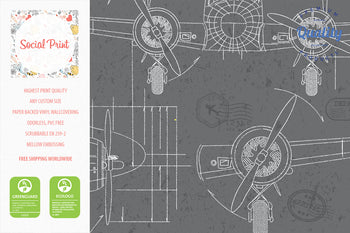 Airplane Blueprint Chalk Drawing Wallpaper, Kids Room Wallpaper