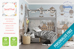 Vintage Houses City Wallpaper with Hot Air Balloons for Nursery, Kids Room Wallpaper