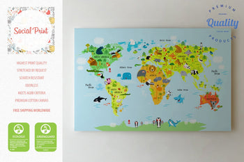 Kids Animal World Map Canvas Print, Blue Nursery world map canvas print