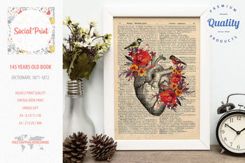 Heart Flowers Vintage Anatomy, 147 years old Vintage book page print