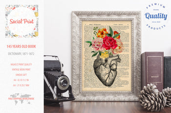 Vintage Anatomy Heart, 147 years old Vintage book page print
