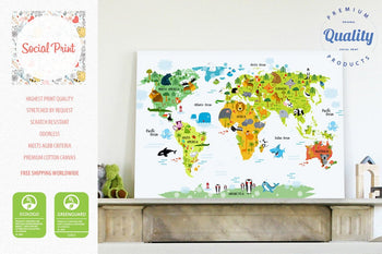 Animal Map of the World White, Canvas Print, Nursery Art