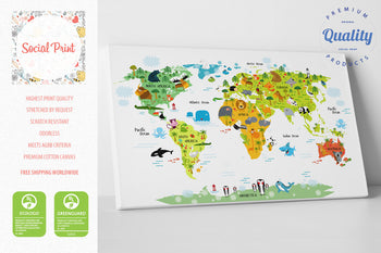 Animal Map of the World White, Canvas Print, Nursery Art