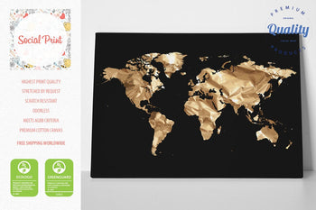 Gold World Map on Black, Canvas Print