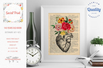 Vintage Anatomy Heart, 147 years old Vintage book page print