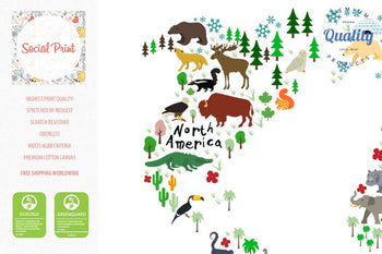 World Map for Children with Animals Outline, Canvas Print