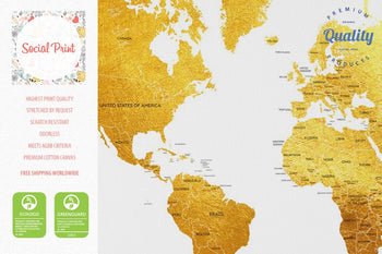 Gold World Map Canvas Print with countries