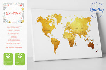 Gold World Map Canvas Print with countries