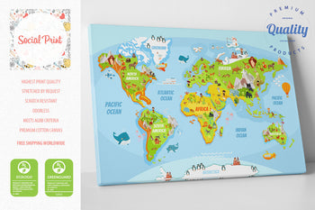 World Map for Children and Kids, Canvas Print