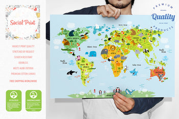 Animal Map of the World Blue, Poster, Nursery Art