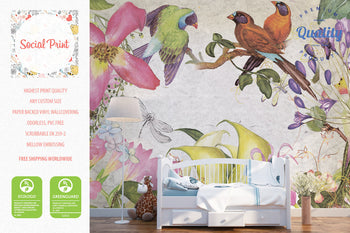 Watercolor Flowers & Birds Wallpaper for Nursery, Girls Room Wallpaper