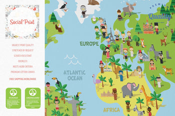 Nursery Educational Kids World Map with Landmarks and Nations, Canvas Print