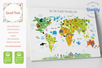 Personal Quote Animal Map of the World, Canvas Print