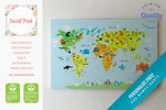 Kids Animal World Map Canvas Print, Blue Nursery world map canvas print