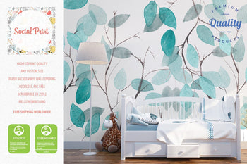 Turquoise Watercolor Leafs Wallpaper, Soft and Elegant Wall Murals