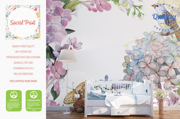 Watercolor Nursery Wallpaper with Flowers & Birds, Kids Room Wallpaper