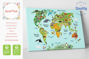 Animal World Map with Landmarks & Sights Canvas Print