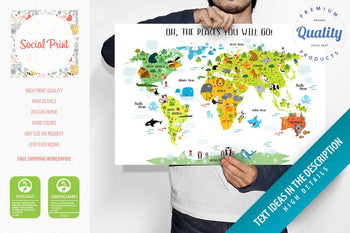 Personalized Children’s Animals World Map Poster, White, Custom Print