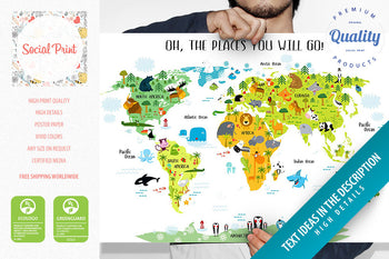 Personalized Children’s Animals World Map Poster, White, Custom Print
