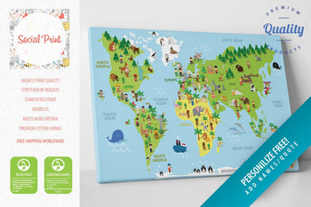 Nursery Educational Kids World Map with Landmarks and Nations, Canvas Print