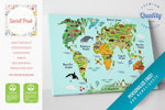 Animal World Map with Landmarks & Sights Canvas Print