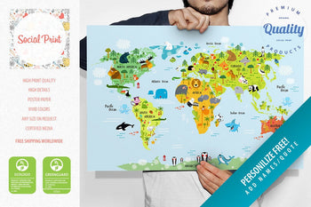 Animal Map of the World Blue, Poster, Nursery Art