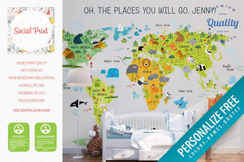 Personalized Nursery Animal World Map Wallpaper, Kids Room Wallpaper