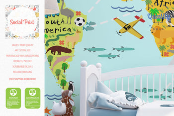 Peel & Stick World Map Wallpaper with Animals, Landmarks and Sights, Kids Room Wallpaper