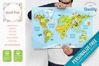 World Map for Children and Kids, Poster Print