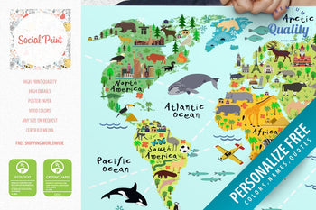 Animal World Map with Landmarks & Sights, Poster