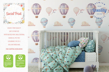 Nursery Hot Air Balloons Wallpaper, Pastel Colors, Kids Room Wallpaper