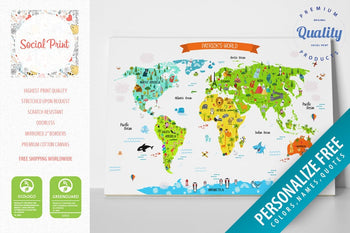 Kids World Map Canvas Print with Landmarks and IKEA animals