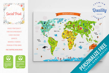 Kids World Map Canvas Print with Landmarks and IKEA animals