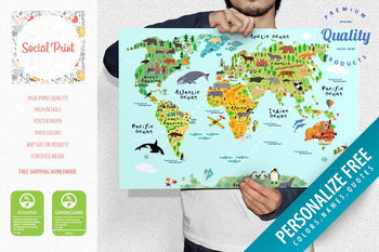 Animal World Map with Landmarks & Sights, Poster