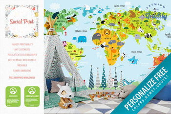 Blue Nursery Animal World Map Peel & Stick Wallpaper