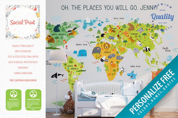Nursery Animal White World Map, Peel & Stick Wallpaper, Kids Room Wallpaper