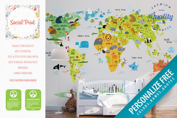 Nursery Animal White World Map, Peel & Stick Wallpaper, Kids Room Wallpaper