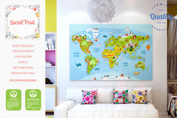 World Map for Children and Kids, Canvas Print