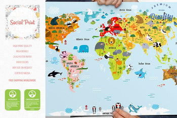 Nursery Animal World Map Wallpaper Blue, Kids Room Wallpaper - SocialPrint