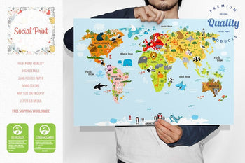 Montessori Nursery World Map Blue Poster Print