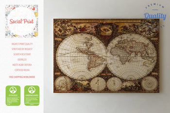 Vintage 17th century World Map by Frederik de Wit, Canvas Print